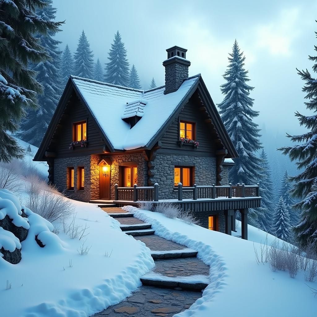 Charming Old House on Snow-Covered Mountain