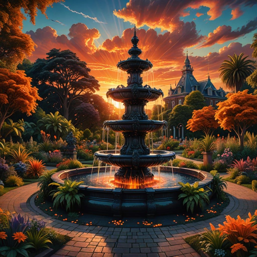 Obsidian Fountain in Botanical Garden, by Pablo Amaringo