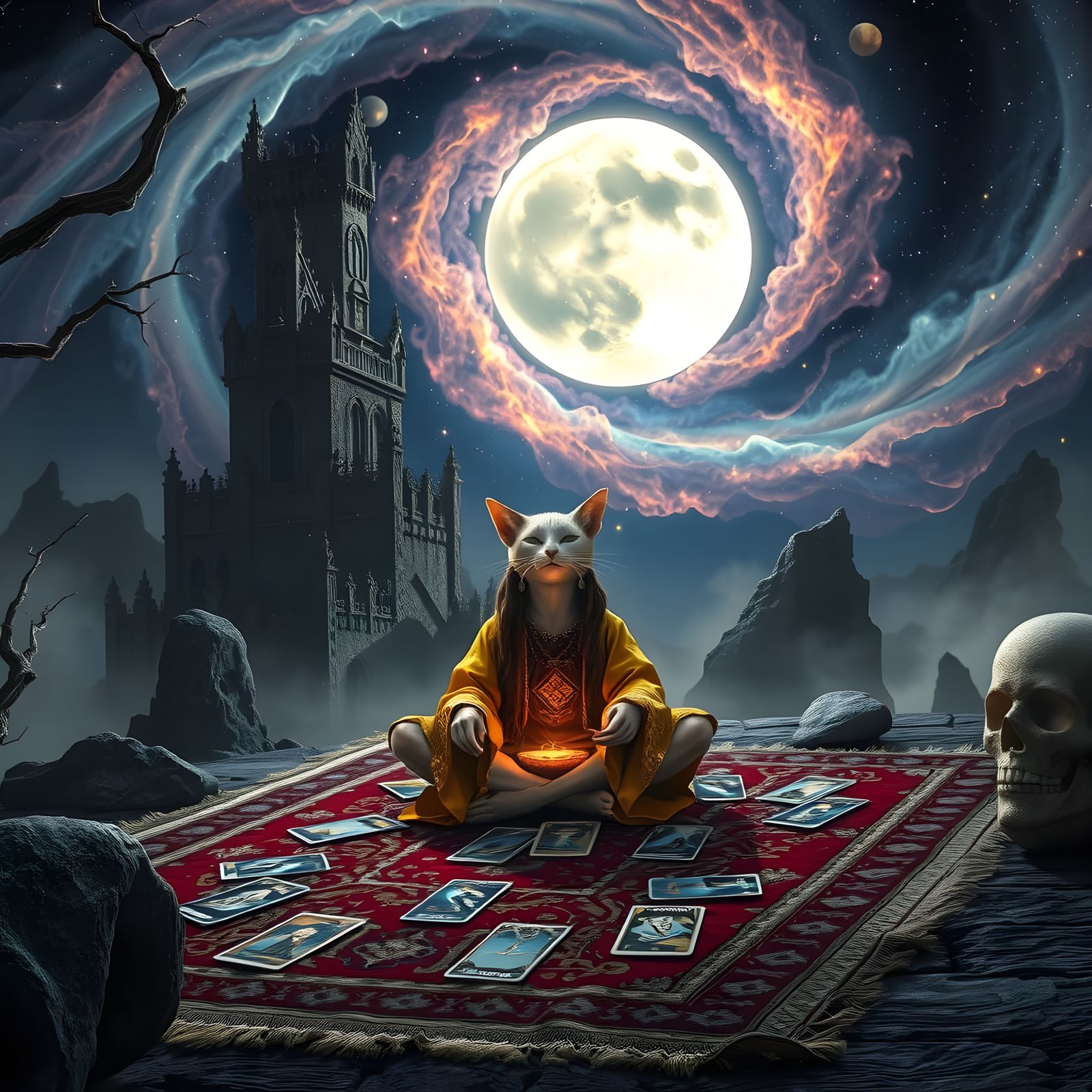 Mystical Cat Being Meditating in Cosmic Fantasy Realm