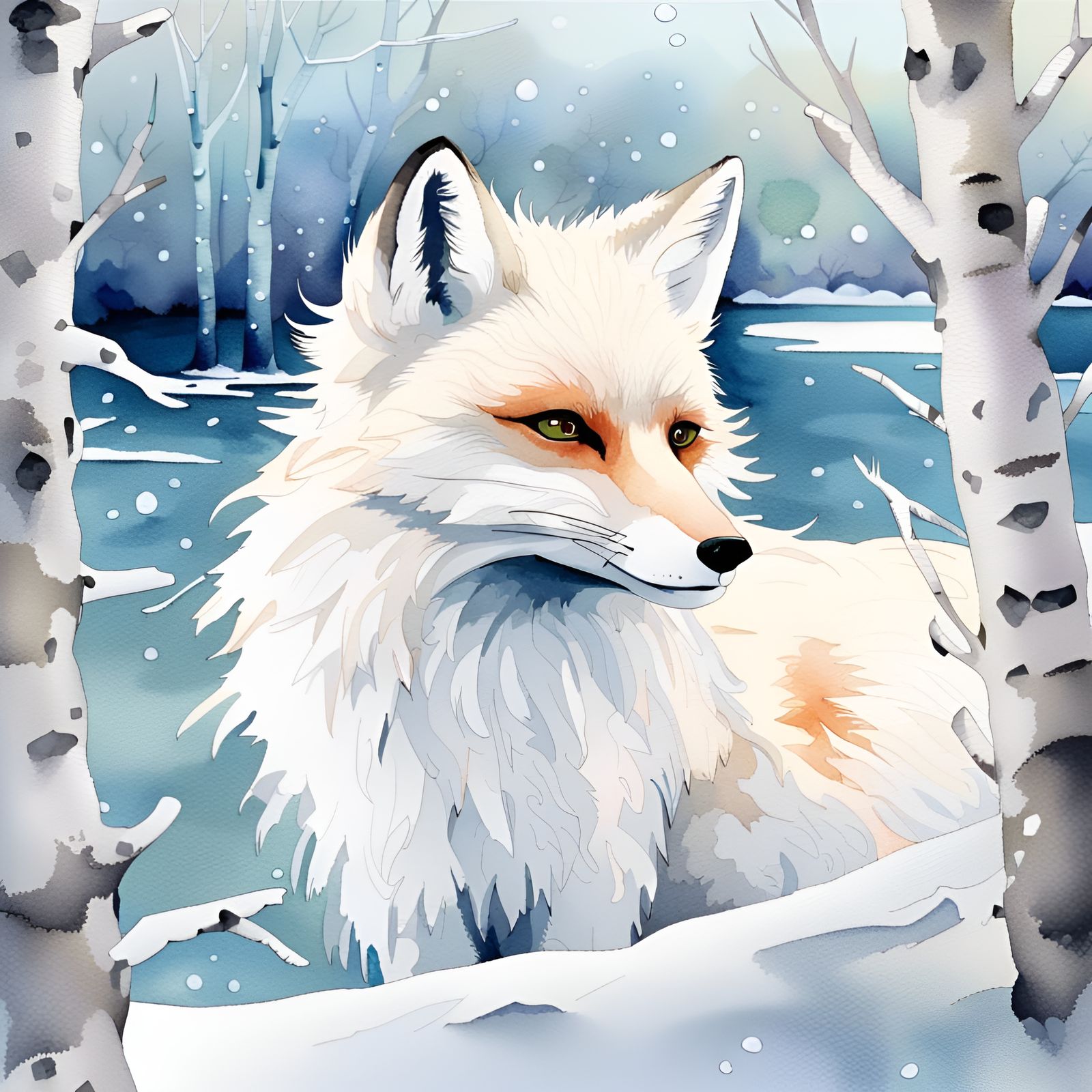 Icy White Snow Fox in Watercolor Style