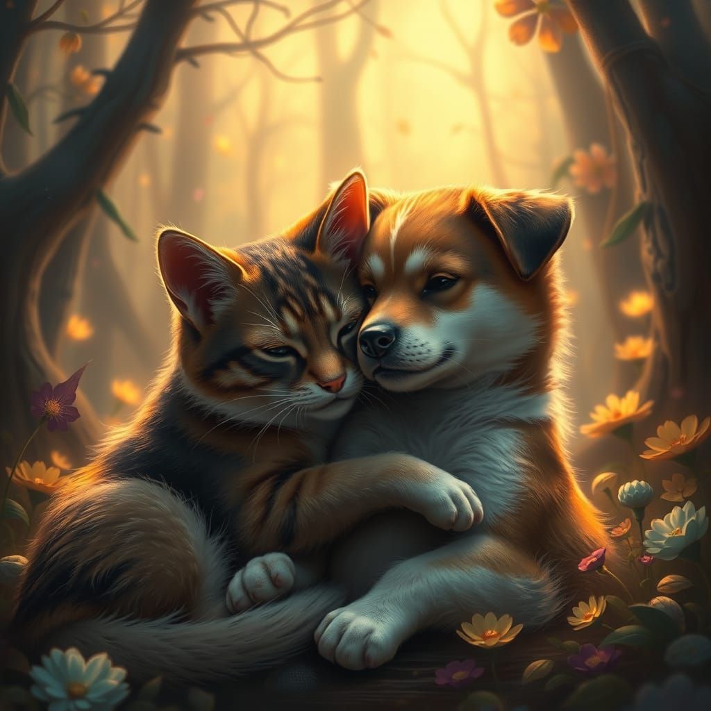Whispering Woods Cat and Dog in Intimate Snuggle