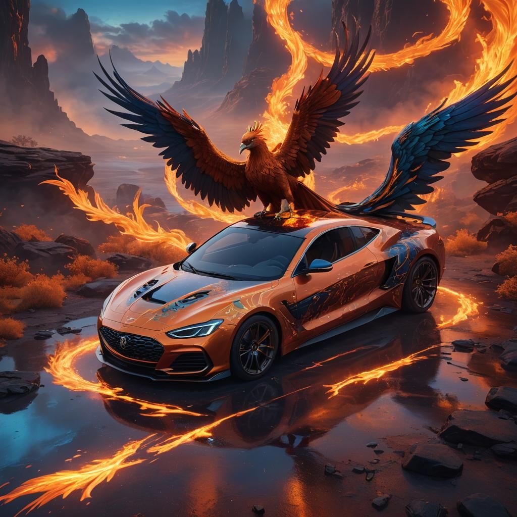 Phoenix Perched on Fiery Supercar in Digital Painting