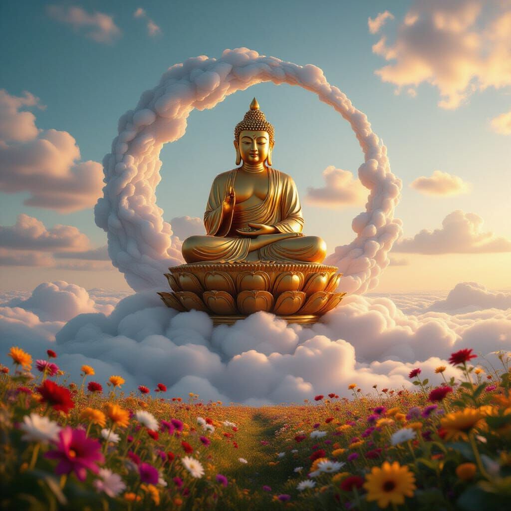 Golden Buddha on Yin Yang Clouds Above Flower Fields
