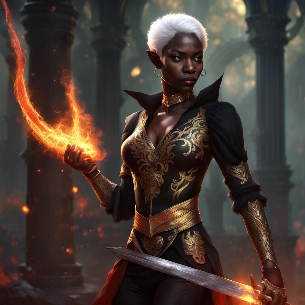 Drow Warrior with Flaming Sword: Fantasy Concept Art