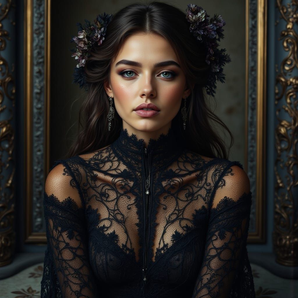Gothic Woman in Lace Dress, Cinematic Portrait