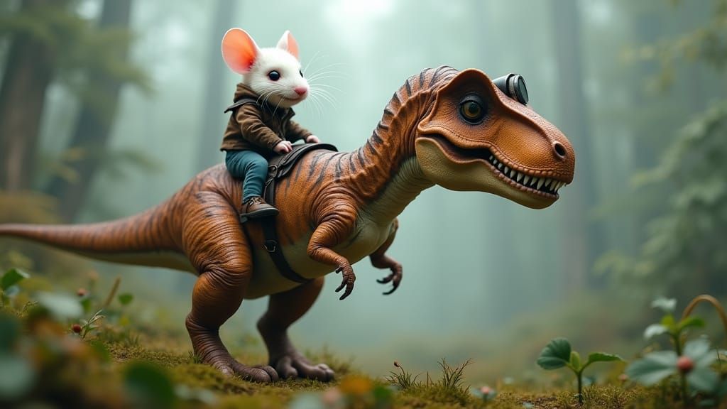 Mouse Rider on T-Rex in Misty Forest