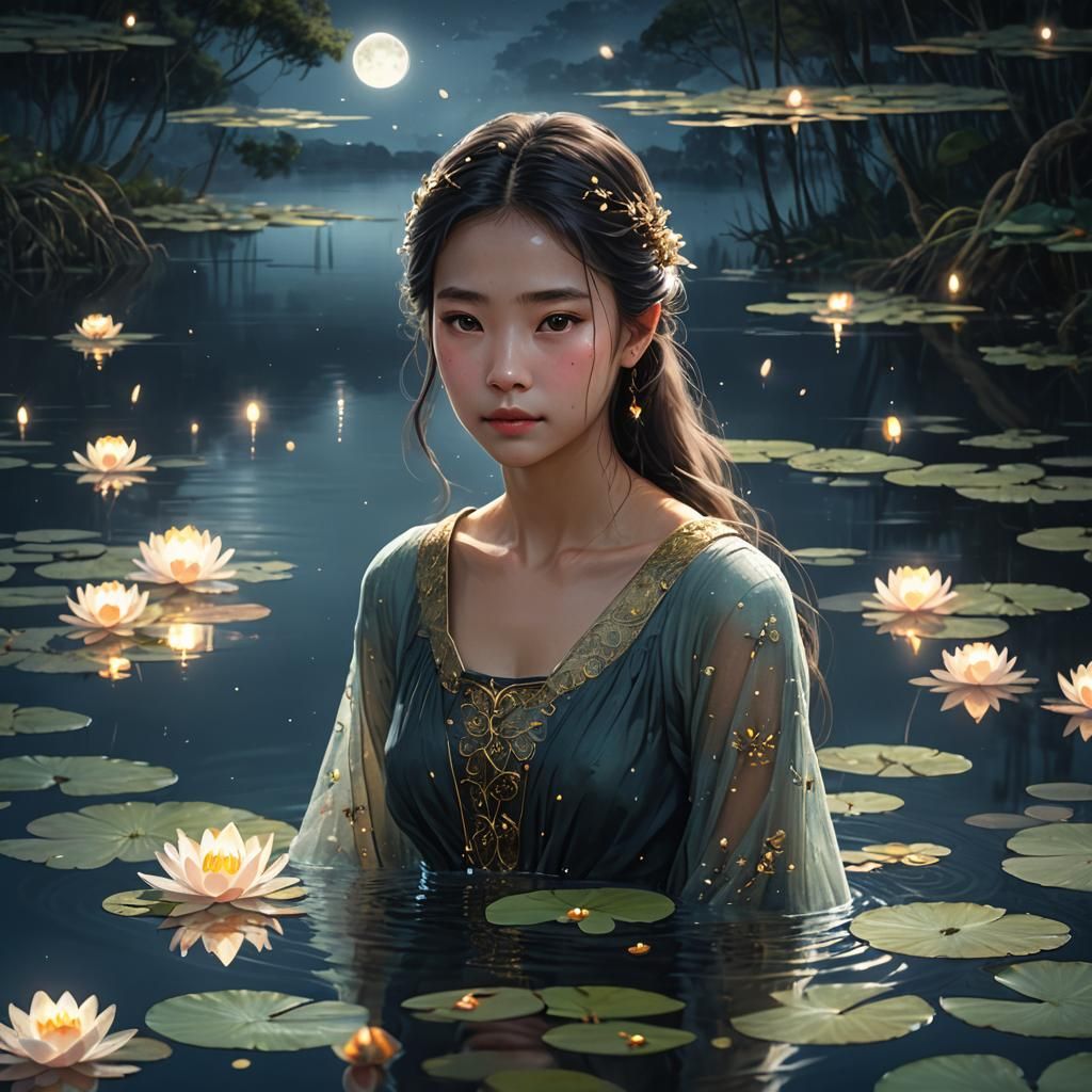 Moonlit Lake Spirit in Digital Matte Painting Style