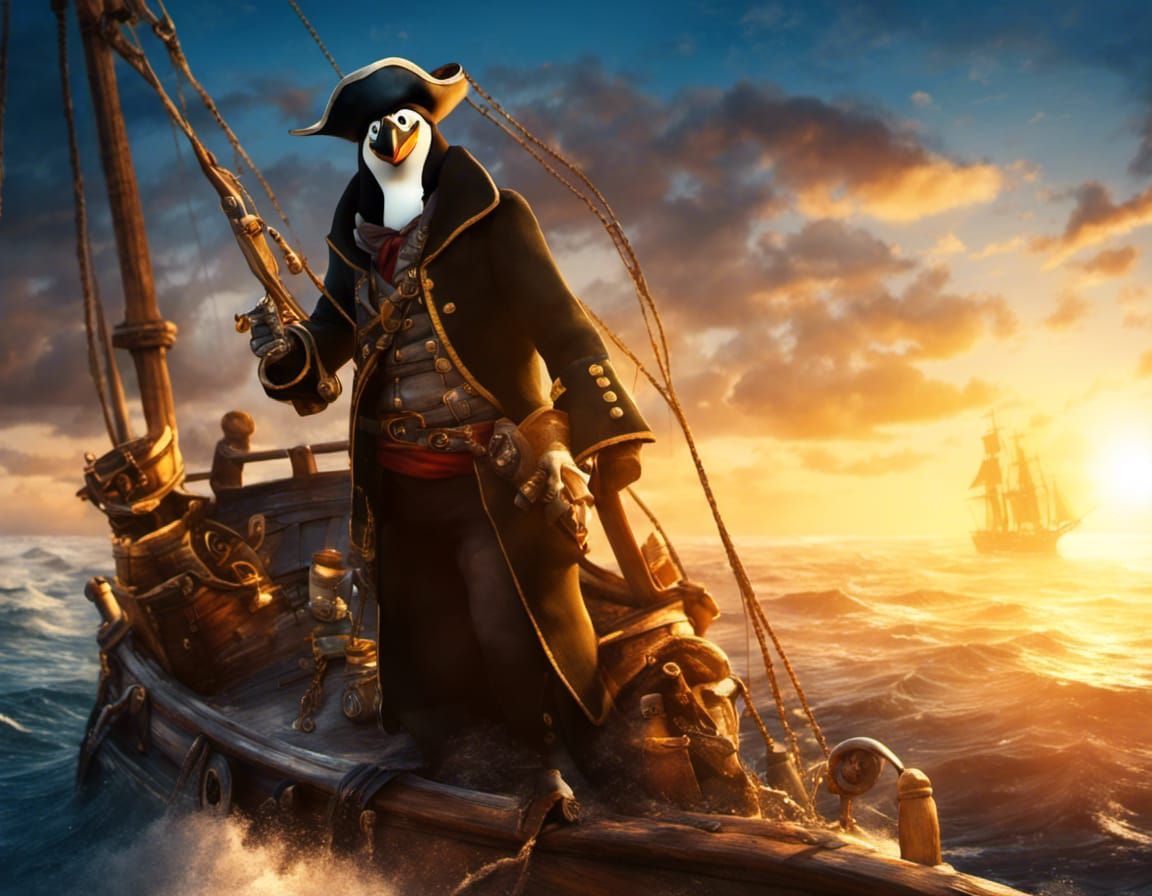 Capt Jolly Roger Penguin Pirate is Waiting for His Rescuers in the Distance, Friend or Foe