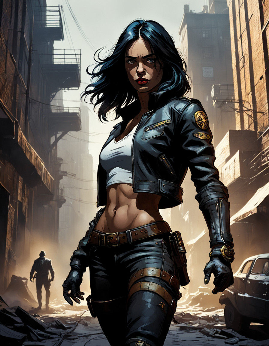 Victorious Heroine Stands Ready in Dark Urban Alleyway