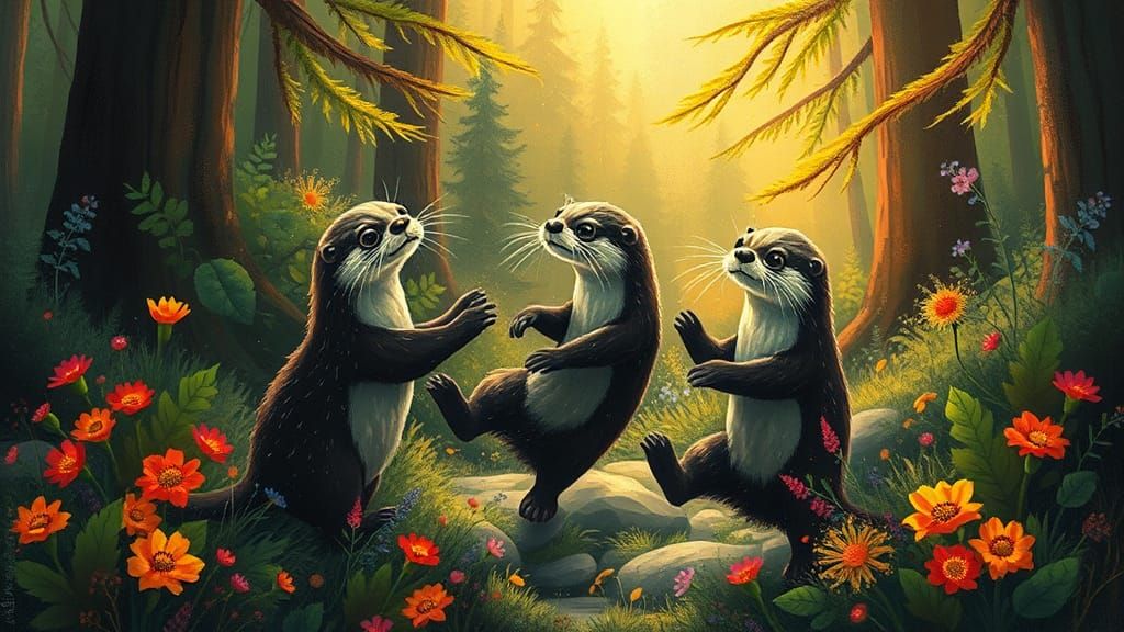 Otters Frolicking in Forest Glade with Kwakwaka'wakw Motifs