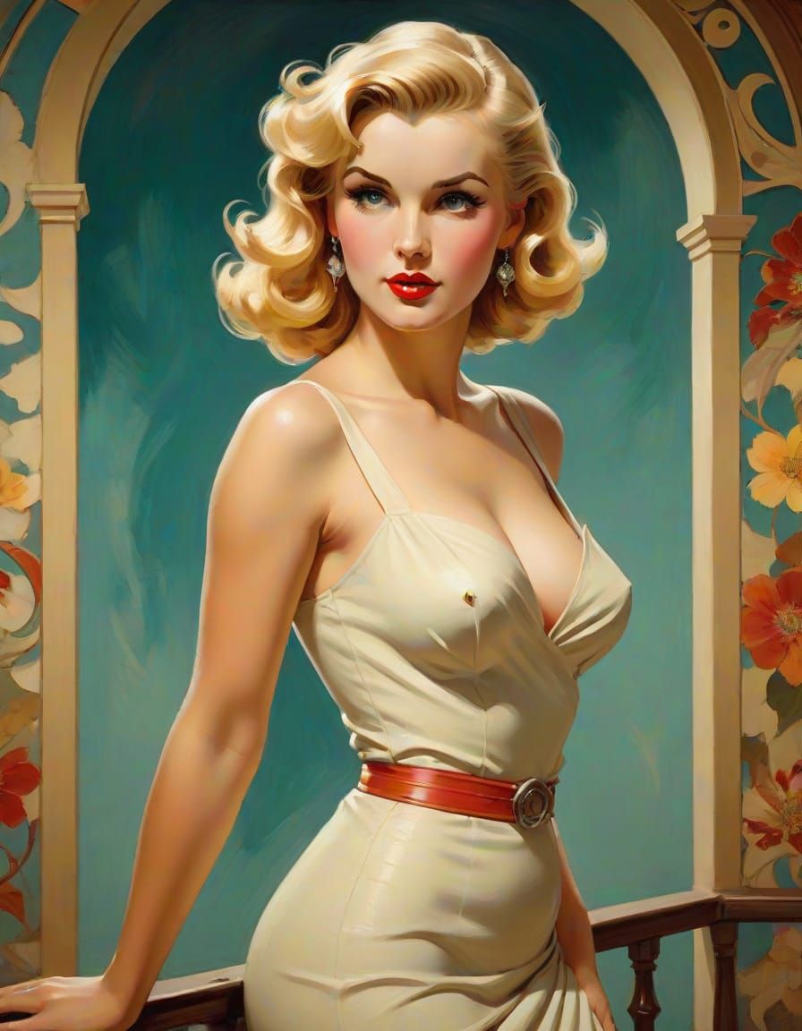 1950s Pin-Up in Mucha-Waterhouse Fusion Style