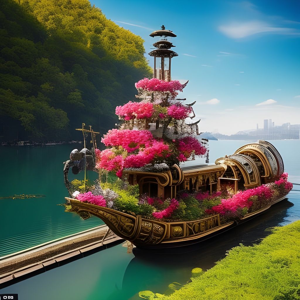 Steampunk Longship with Floral Lakeside View