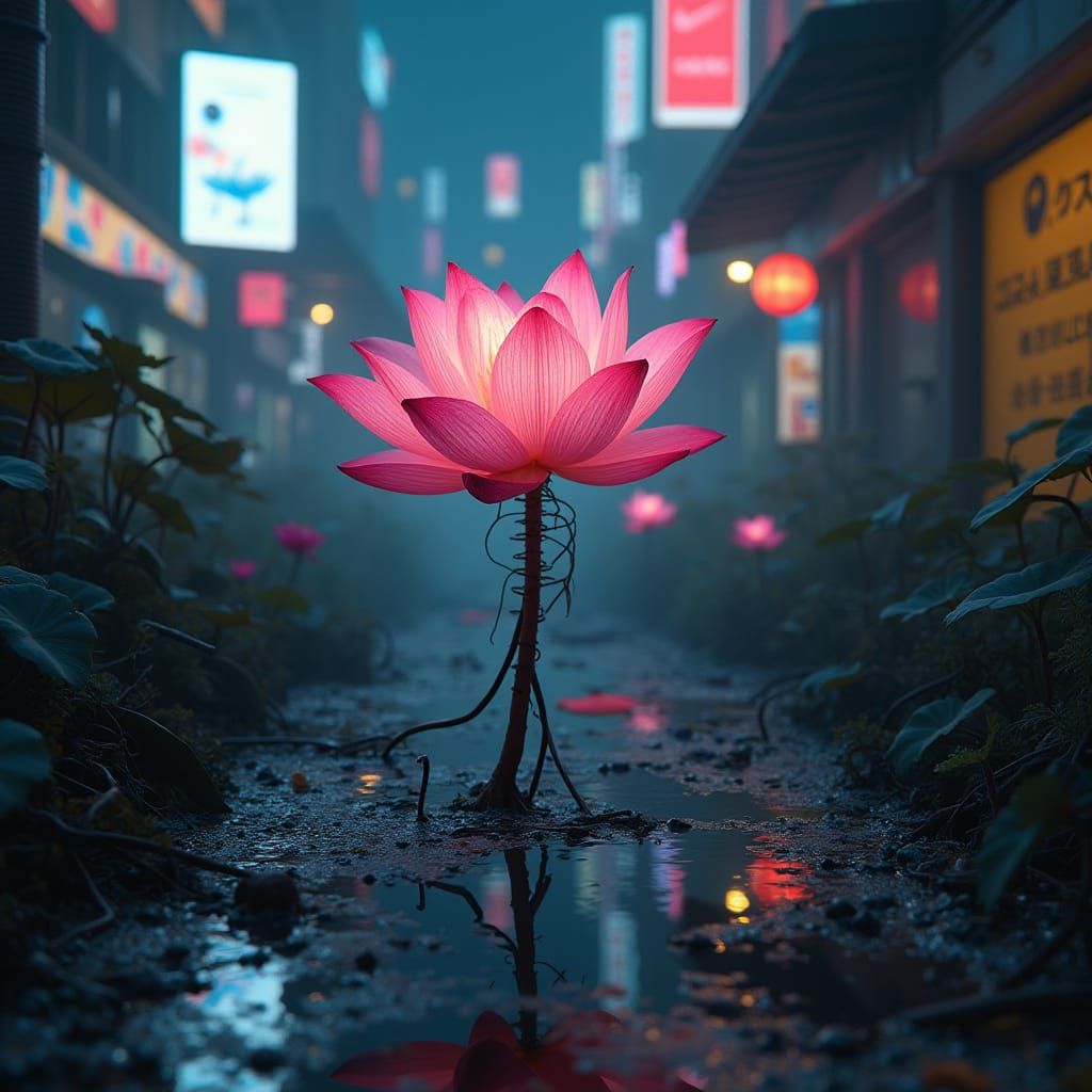 Lotus Flower Blooms in Neon-Lit Cyberpunk City