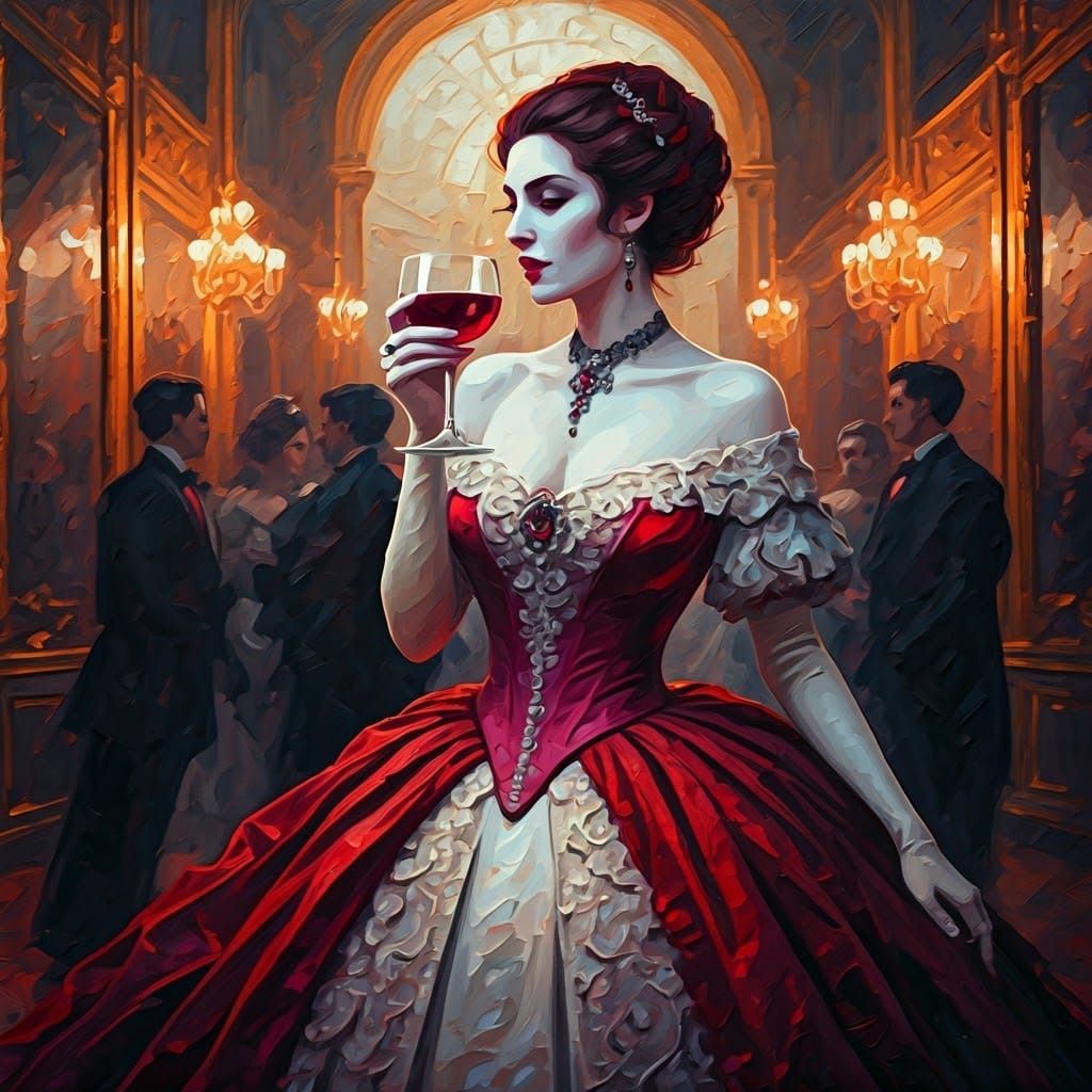Vampiress in Opulent Ball Gown Raises Glass to Lips in Luxur...