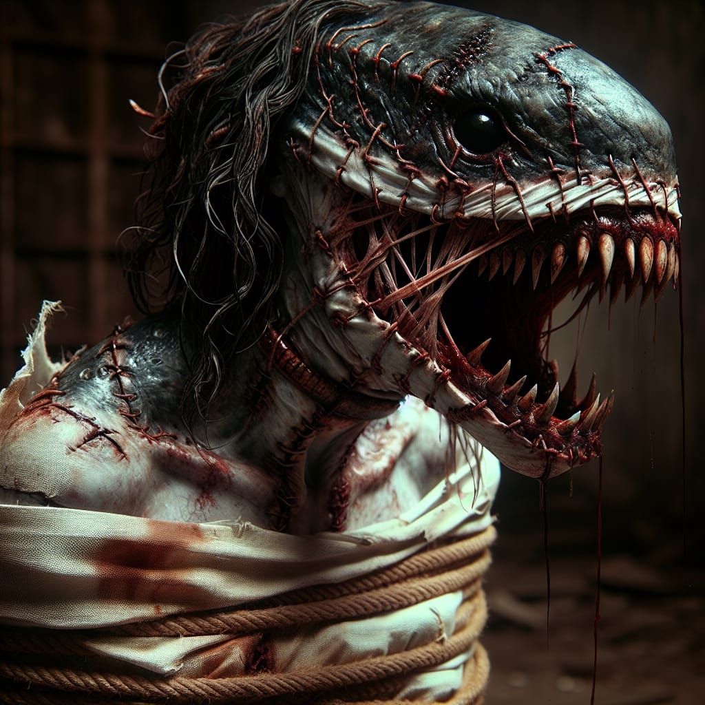 Lizard-Shark Monster: A Romantic Oil Painting