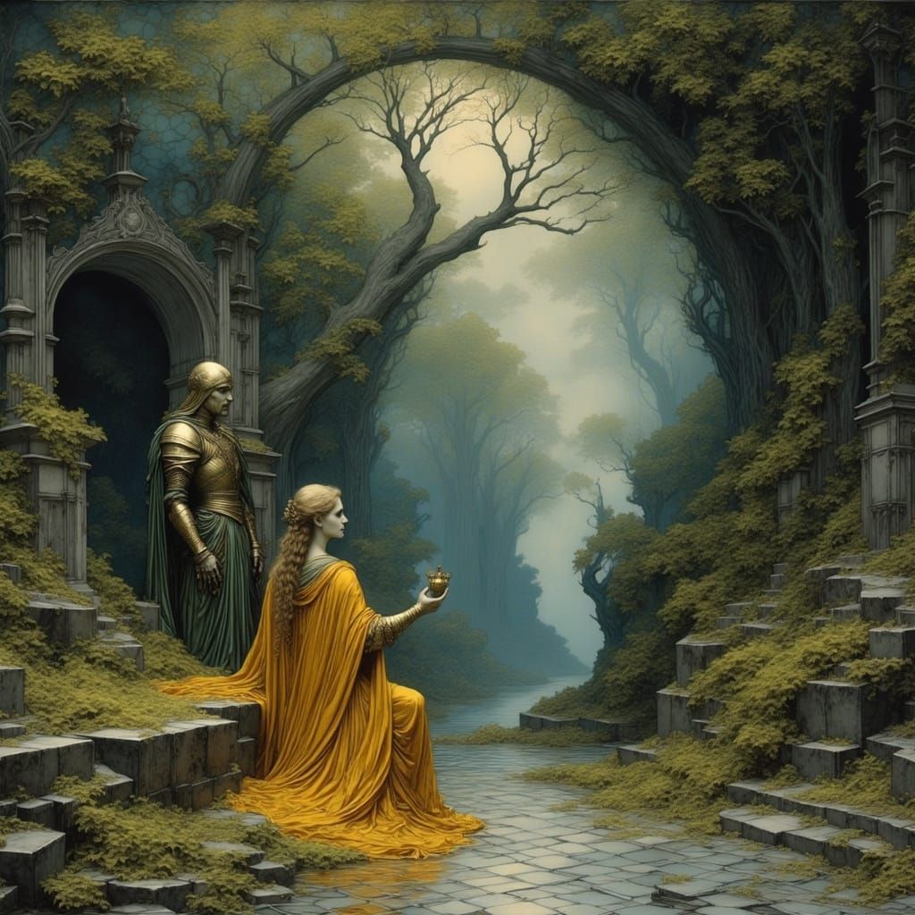 Siegfried in Gold Armor Before Brunhilde in a Mystical Fores...