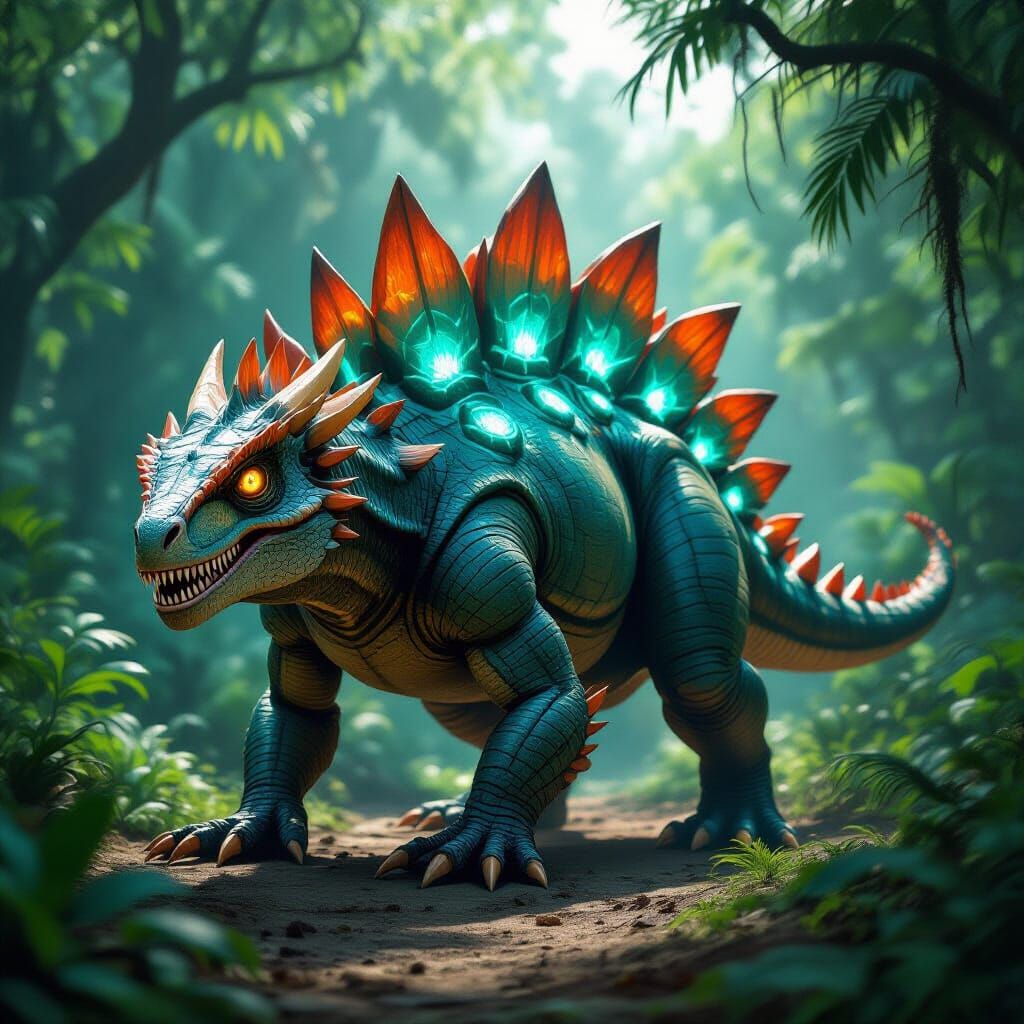 Bioluminescent Hybrid Dinosaur Roams Prehistoric Jungle