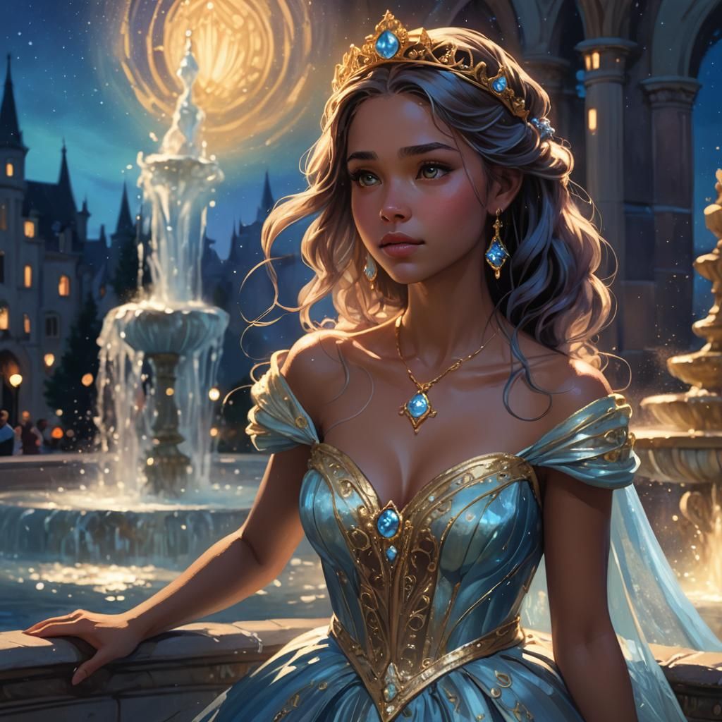 Young Princess in Ballgown by Fountain at Night