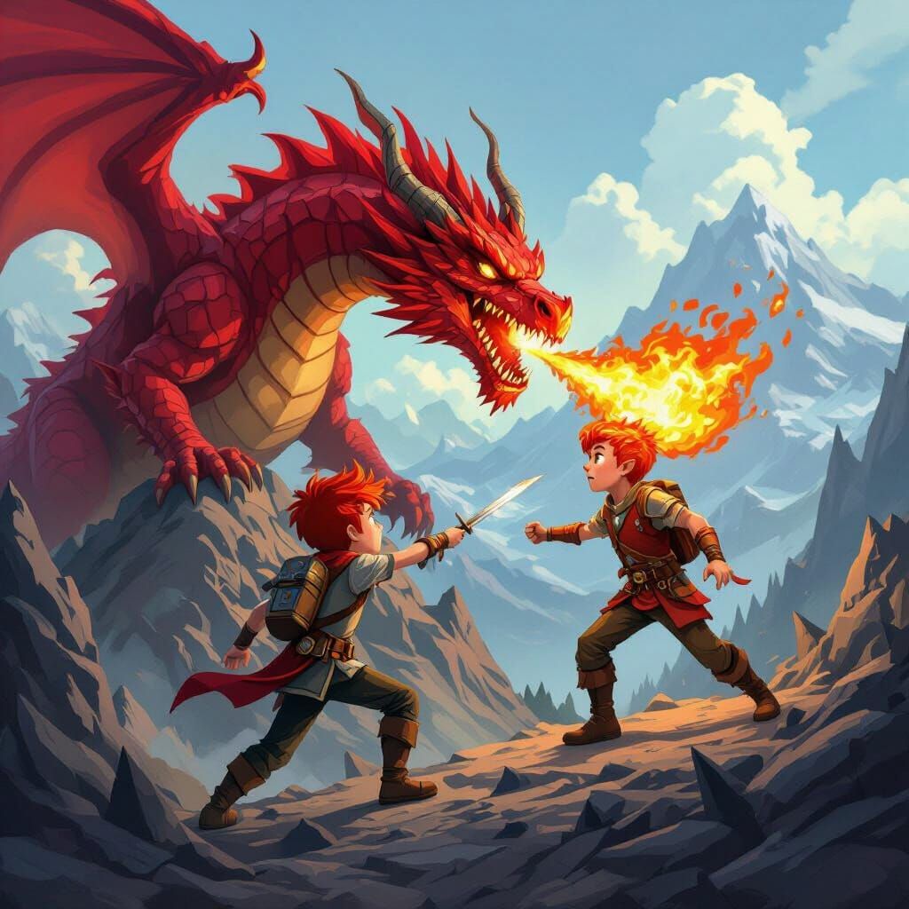 Boy Fights Fire Dragon on Spiky Mountain
