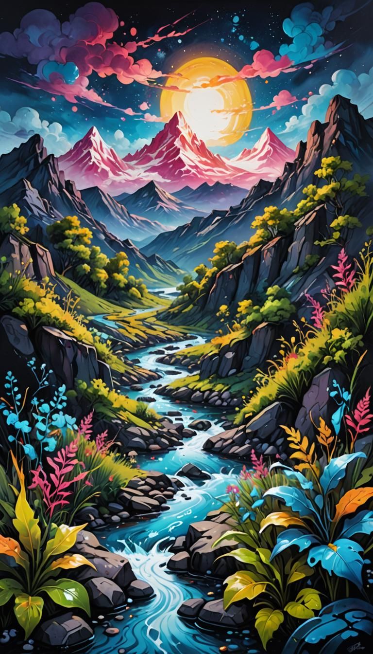 Night River Mountain Landscape in Graffiti Art Style