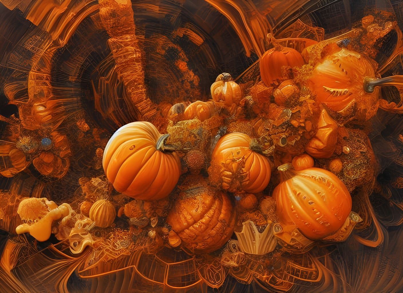 Jack-o-Lantern Cornucopia: Hyperreal Fractal Dreamscape