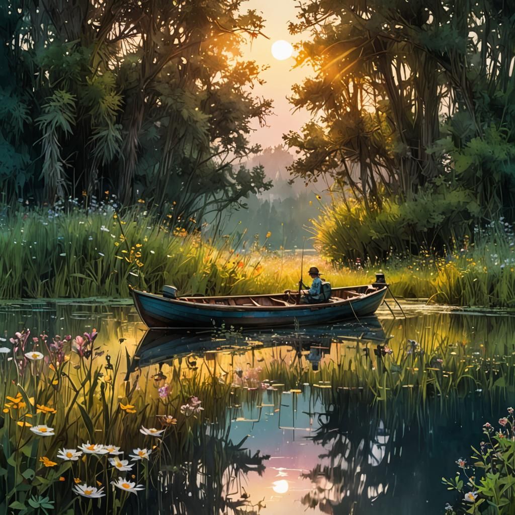 Swamp River Sunset in Digital Watercolor