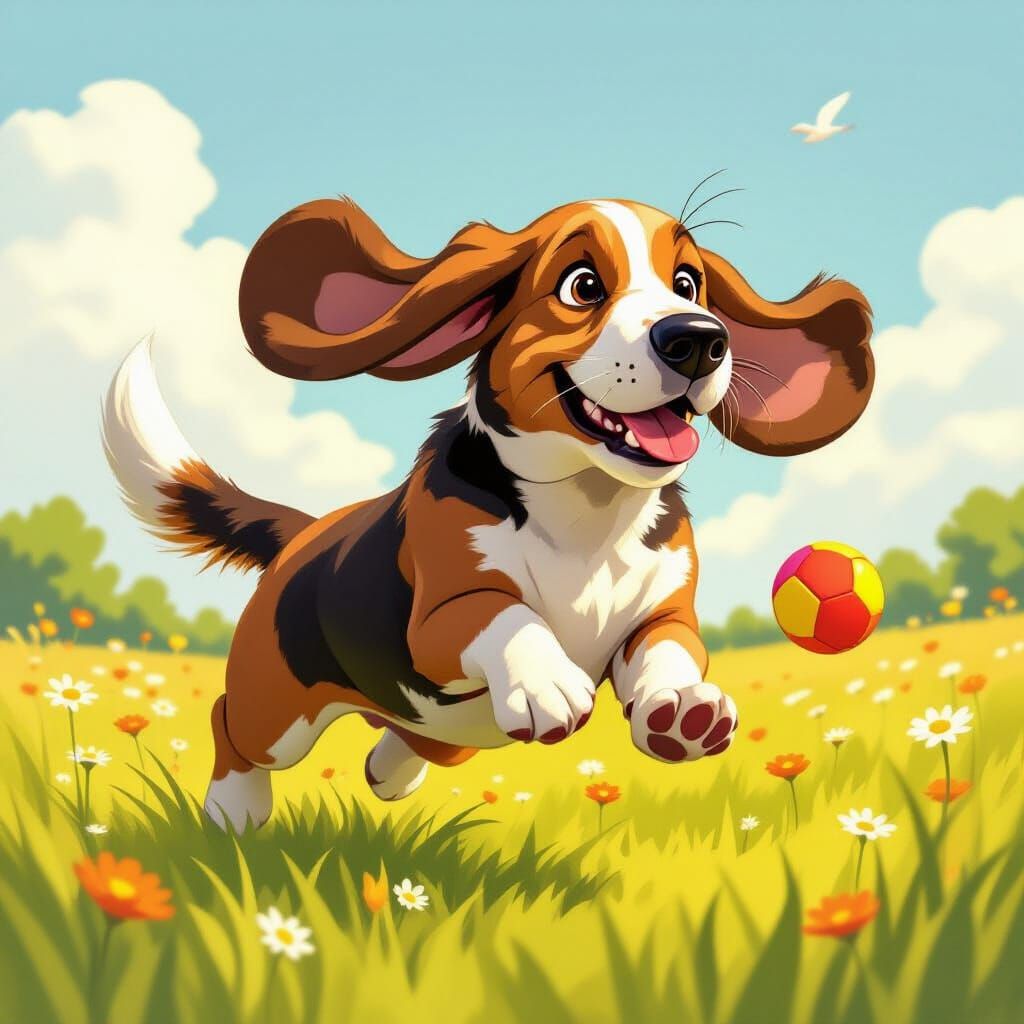 Basset Hound Leaping Through Meadow in Storybook Style