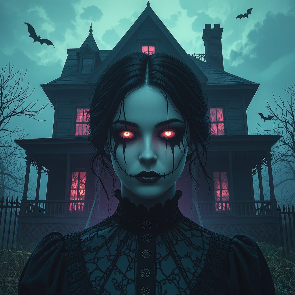 Spooky Haunted House Concept Art in Eerie Glow