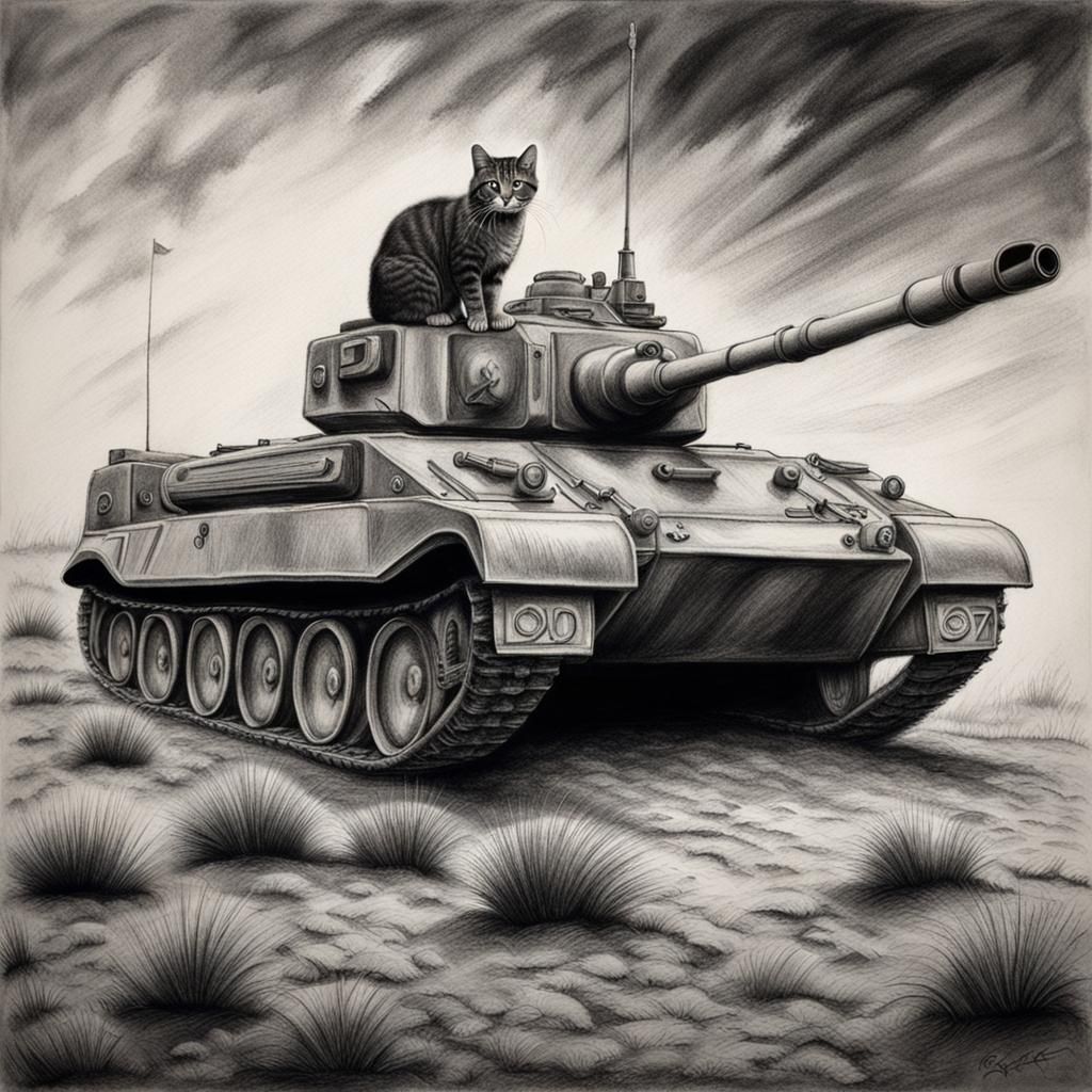 Hyperdetailed Charcoal Drawing of Cat on Tank