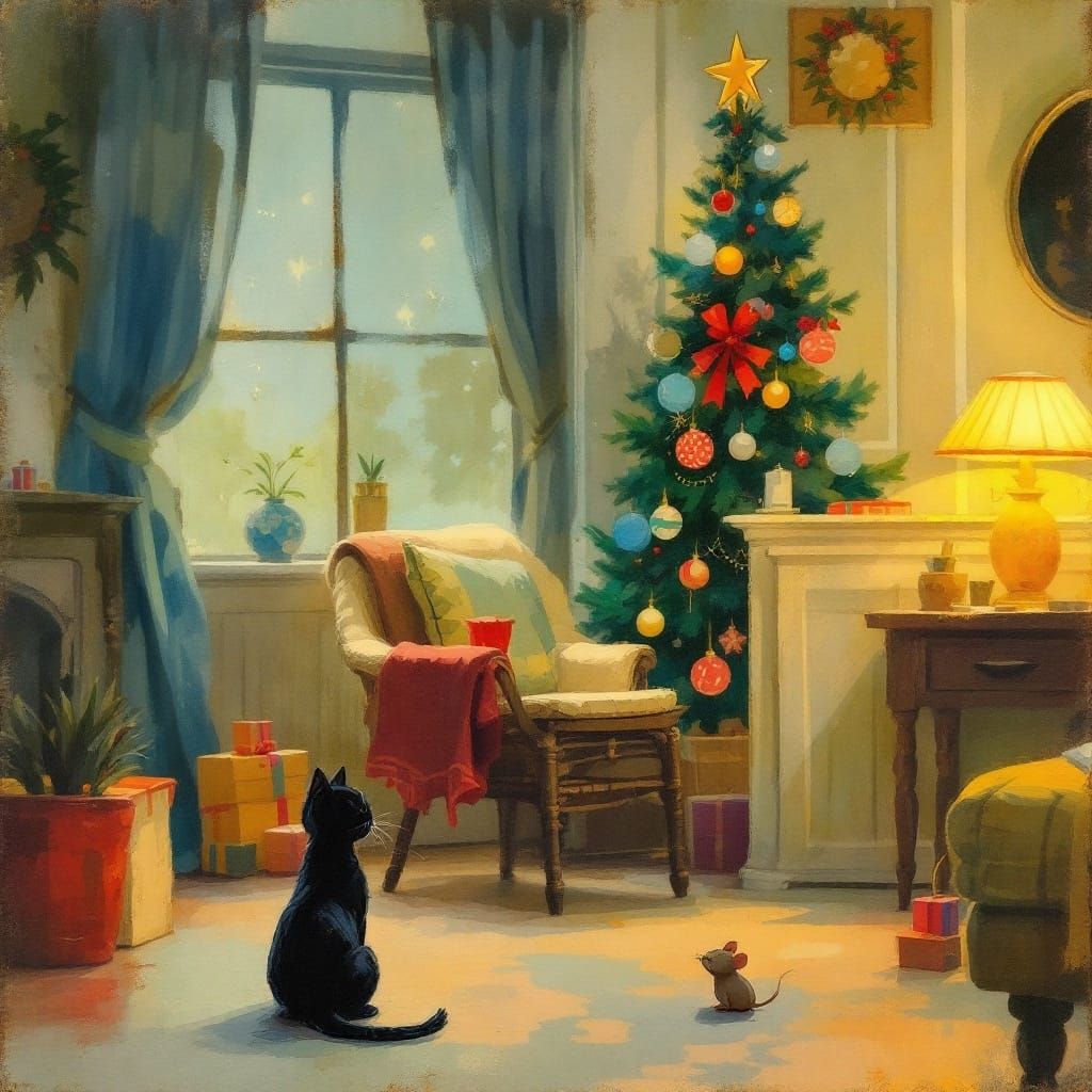 Vintage Christmas Scene in Whimsical Watercolor Style