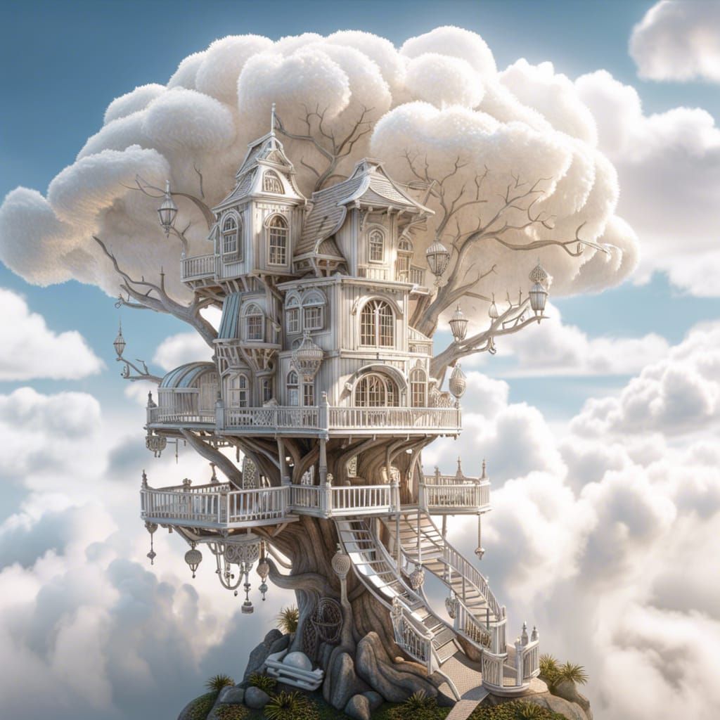 Steampunk Treehouse in White Ethereal Clouds