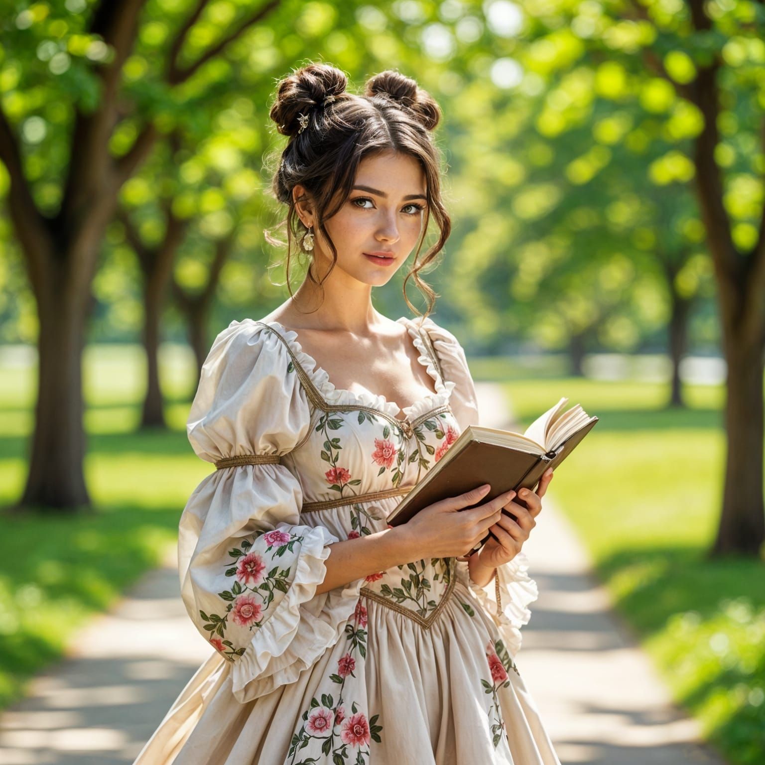 Brunette with Book in Park, Whimsical Illustration