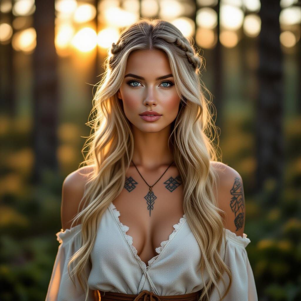 Nordic Beauty with Viking Tattoos in Golden Light