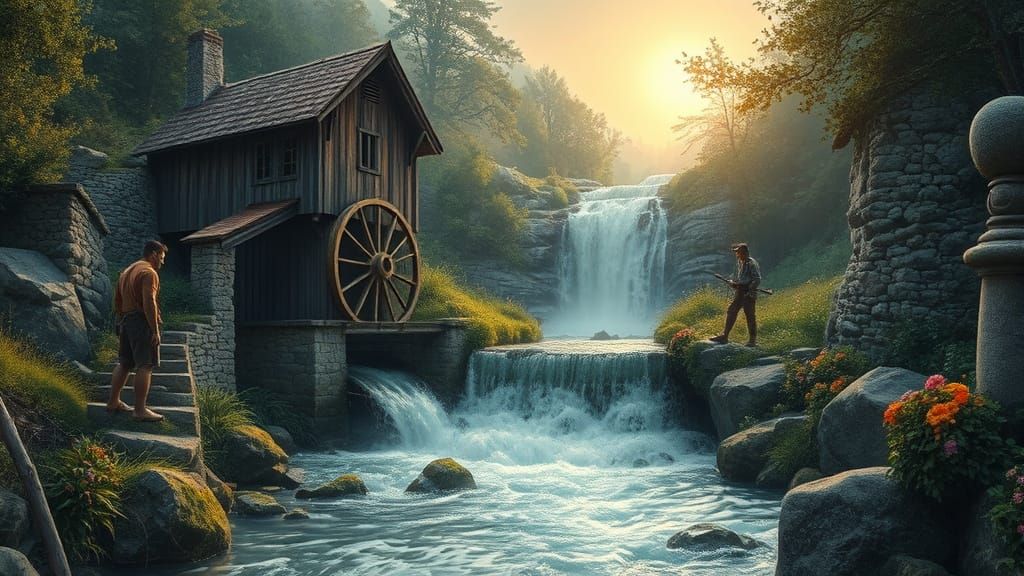 Picturesque Watermill Landscape in Photorealistic Style