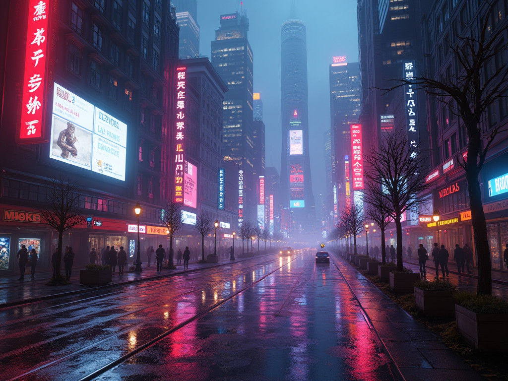 Cyberpunk Cityscape with Neon Lights at Dusk