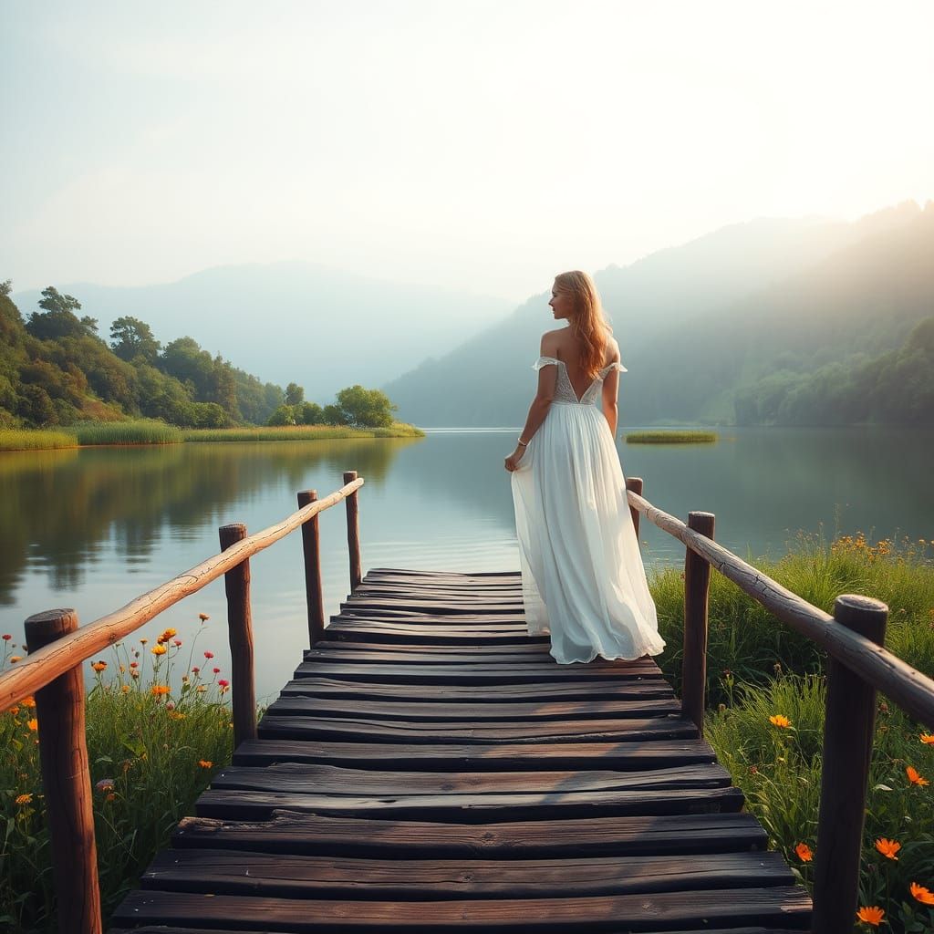 A Serene Woman on a Tranquil Lake Bridge