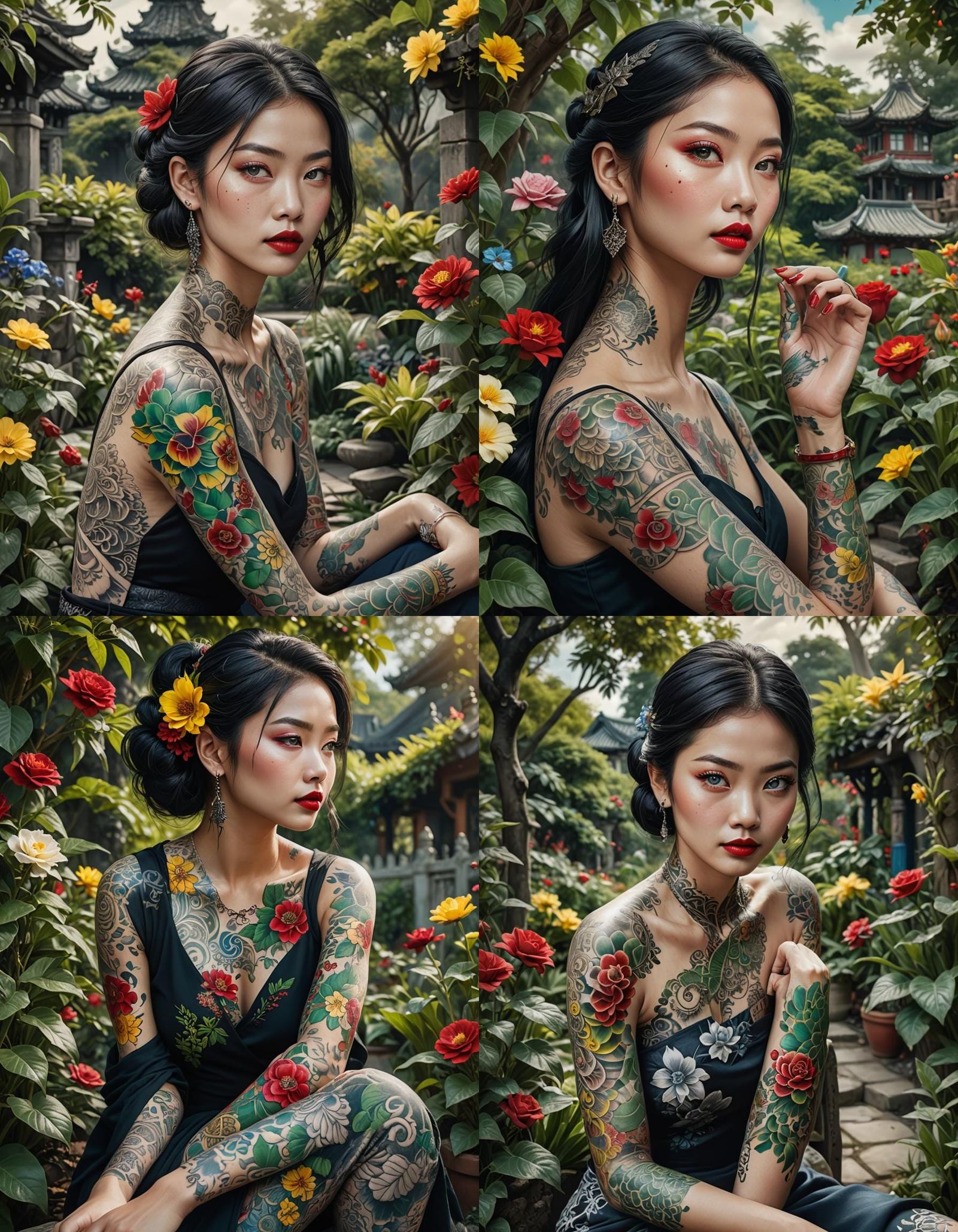 Monochrome Portrait of Woman with Colorful Tattoos