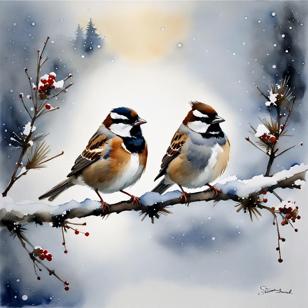 Sparrows Cuddling on Twig in Winter Watercolor