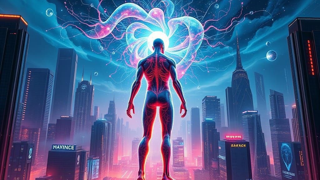Cybernetic God Emerges in Neon Metropolis