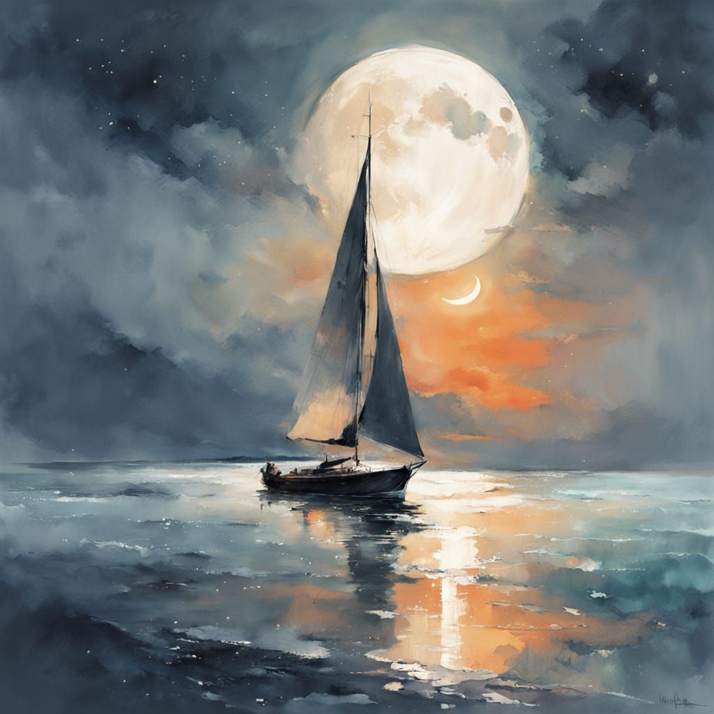 Dreamy Sailboat on Moonlit Ocean: Watercolor Seascape