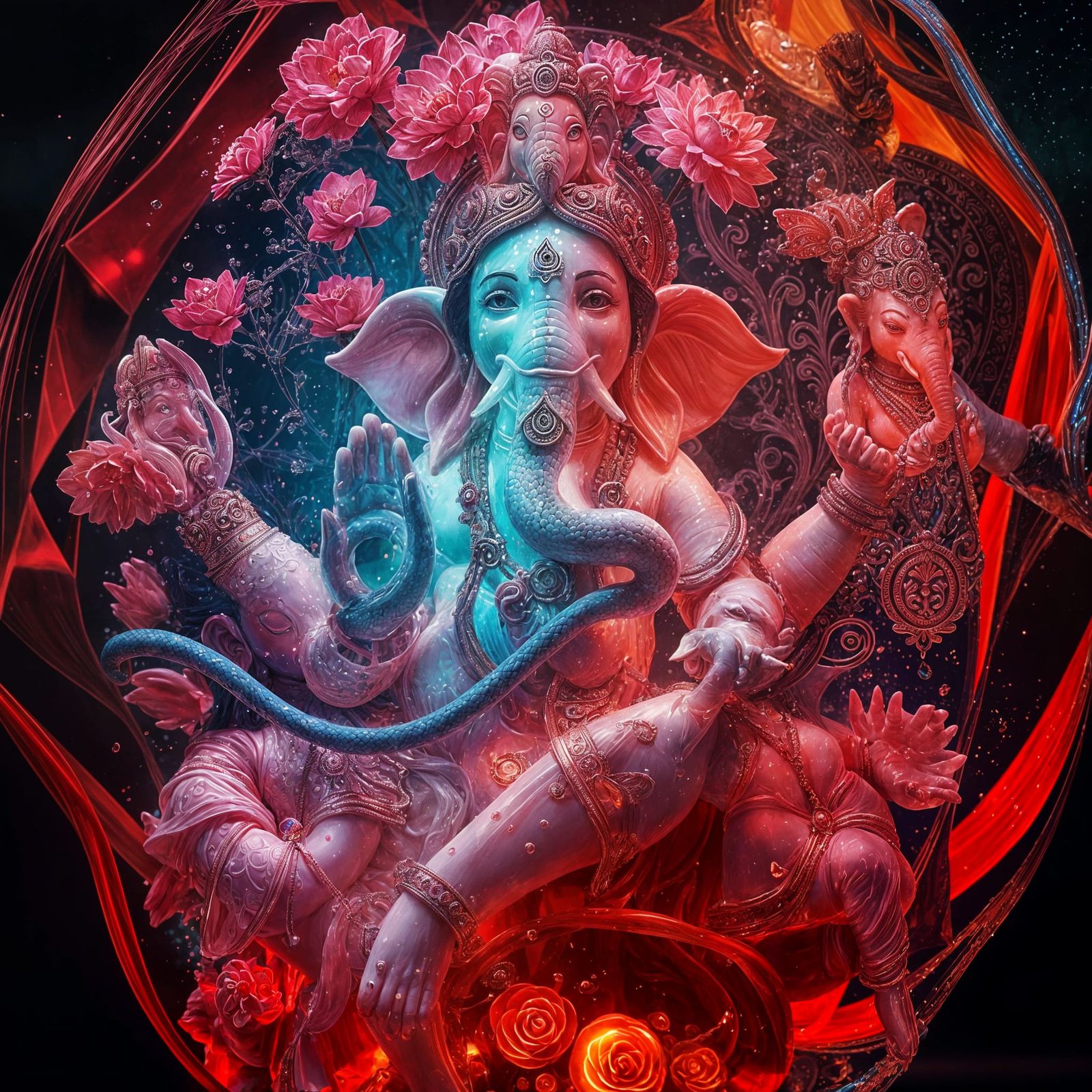 Glowing Crystal Ganesha Sculpture with Flowers