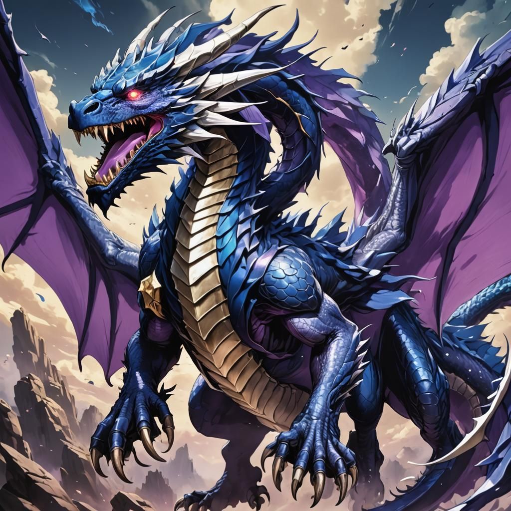Sapphire Dragon Flying Beast in Anime Style