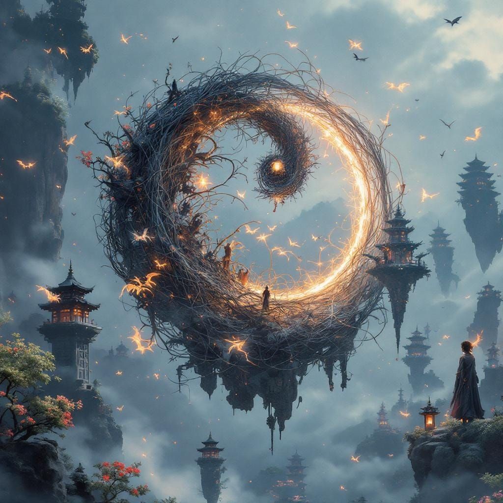 Mystical Wire Yin Yang in Fantasy Landscape
