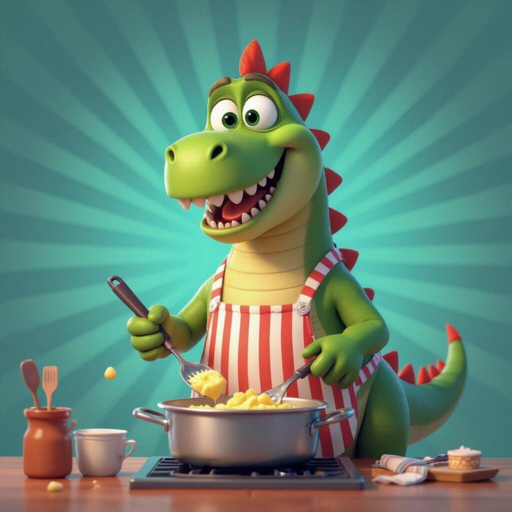 Quirky Dinosaur Chef Cooks Up a Storm in Pixar Style