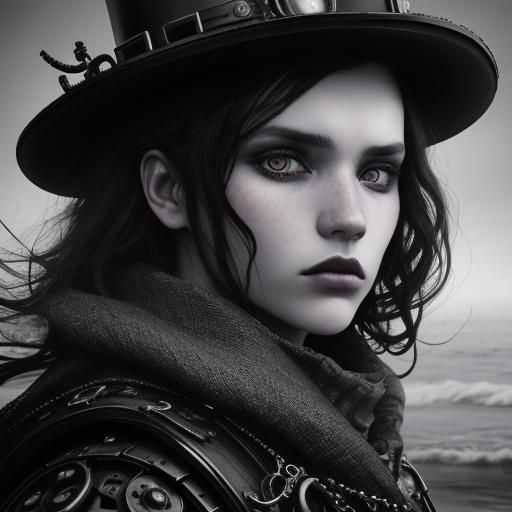 Goth Model with Steampunk Computer in B&W