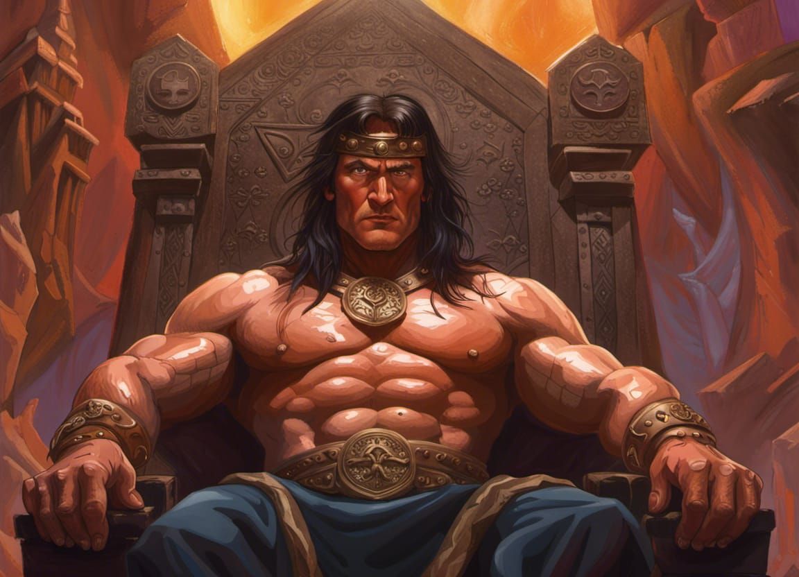 Conan on His Throne: Hyperrealistic Splash Art