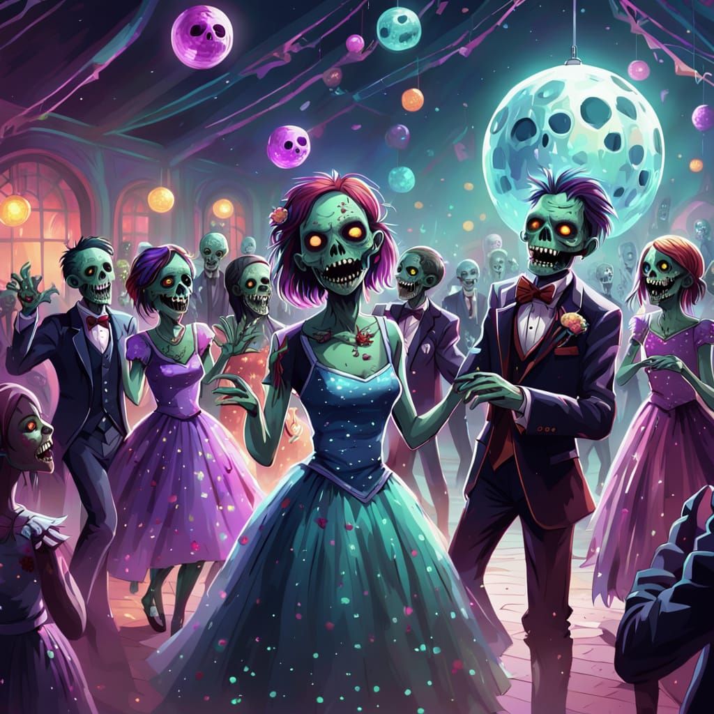 Cute Zombies Dance at a Vibrant Prom Night Party