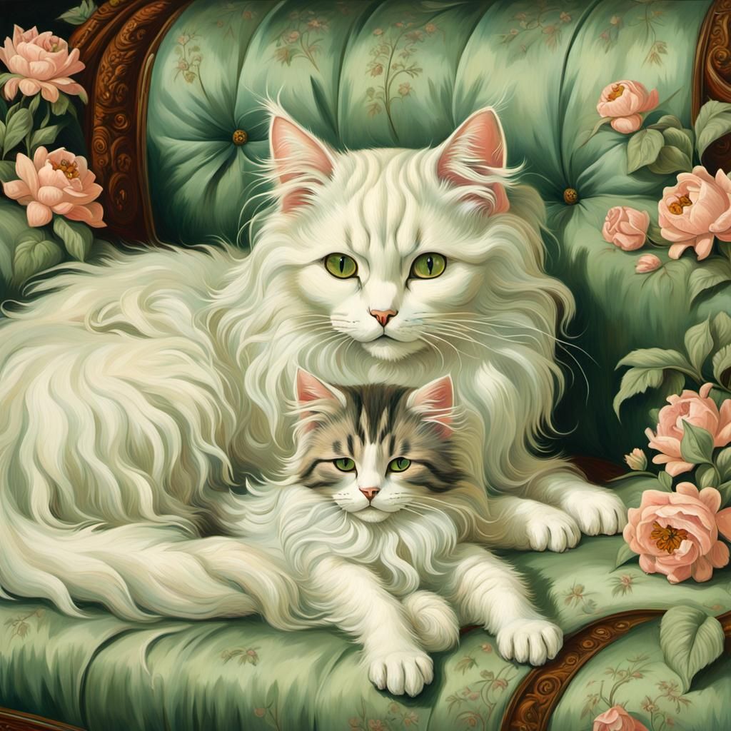 Victorian Mother Cat and Kitten Oil Painting