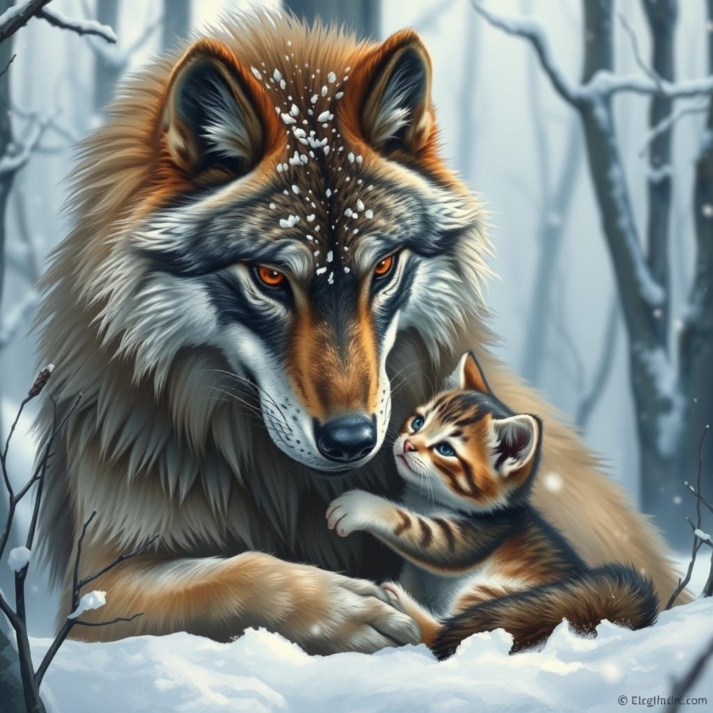Grizzled Wolf Protects Orphaned Kitten in Snowy Forest