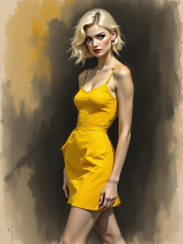 Blond Pin-Up in Charcoal Art Nouveau Style